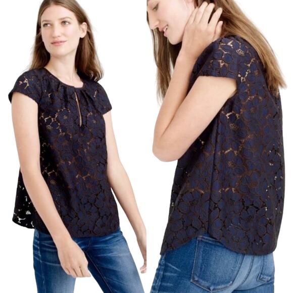 J. Crew Tops - JCrew Navy Blue Lace Cap Sleeve Top Size 4